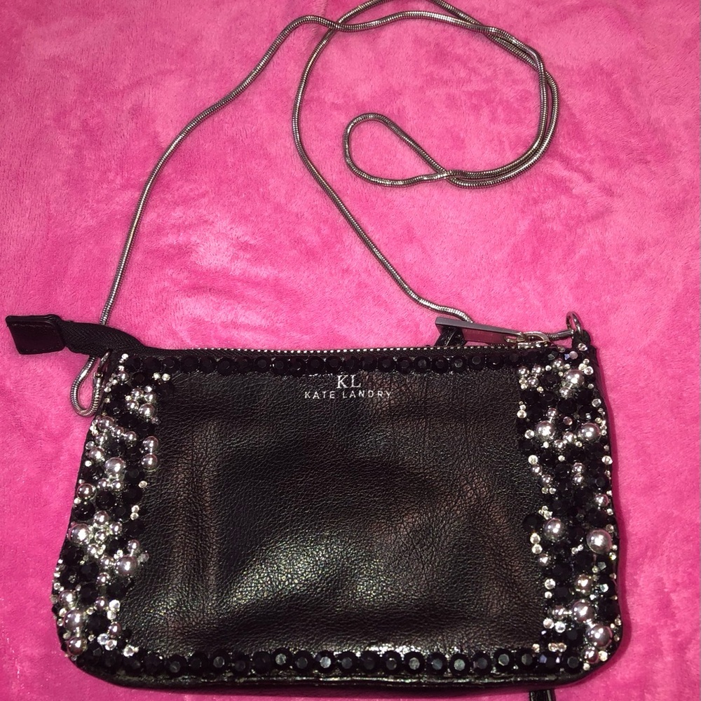 Kate Landry Customized CrossBody Bag Black Leather Purse Rhinestones Crystals S…